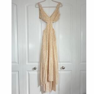 Valija XS Cutout Maxi Dress Beige Abstract Print Open Back Tie Boho